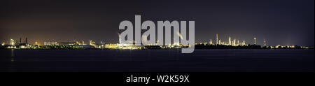 Power plant on the river in the night, panoramic photo, long exposure Stock Photo