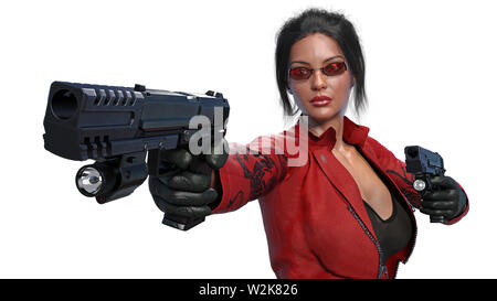 Action girl shooting guns, woman in red leather suit with hand weapons isolated on white background, front view, 3D rendering Stock Photo