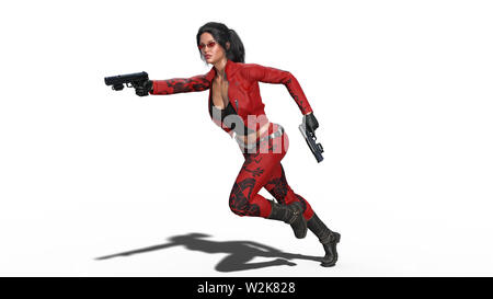 Action girl shooting guns, woman in red leather suit running with hand weapons on white background, 3D rendering Stock Photo