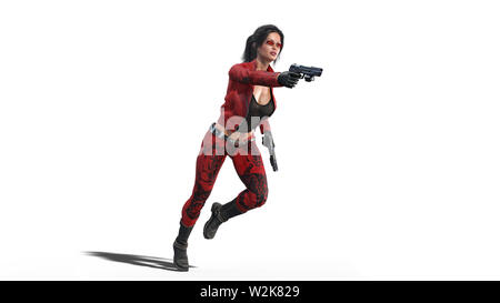 Action girl shooting guns, woman in red leather suit with hand weapons running on white background, 3D rendering Stock Photo