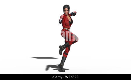 Action girl shooting guns, woman in red leather suit with hand weapons isolated on white background, 3D rendering Stock Photo