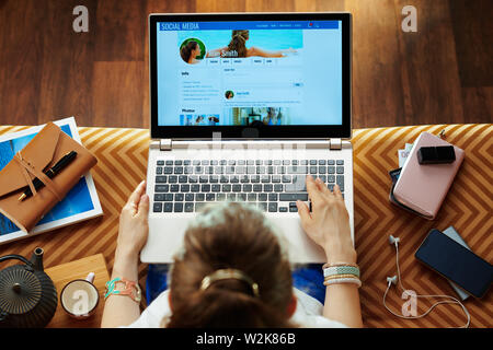 Upper view of elegant woman sitting on divan in the modern living room browsing social media. Stock Photo