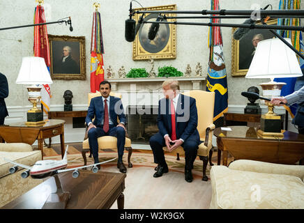 United States President Donald J. Trump speaks during a meeting with Qatar's Emir Sheikh Tamim Bin Hamad Al-Thani, in the Oval Office at the White House in Washington, DC on July 9, 2019. Credit: Kevin Dietsch/Pool via CNP /MediaPunch