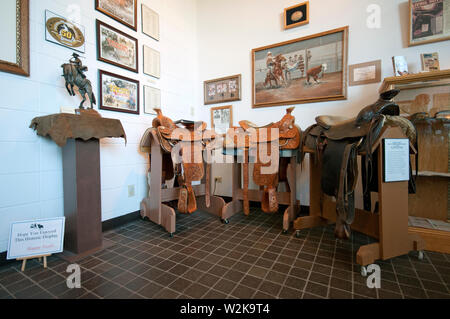 Trophy saddles in Rodeo Room, High Plains Western Heritage Center, Spearfish, County Lawrence, South Dakota, USA Stock Photo