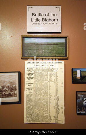 Old newspaper page about Battle of Little Bighorn (1876), High Plains Western Heritage Center, Spearfish, County Lawrence, South Dakota, USA Stock Photo