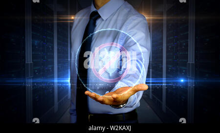 Man with antivirus data protection symbol hologram on hand. Businessman showing futuristic concept of digital protection, firewall and computer safety Stock Photo