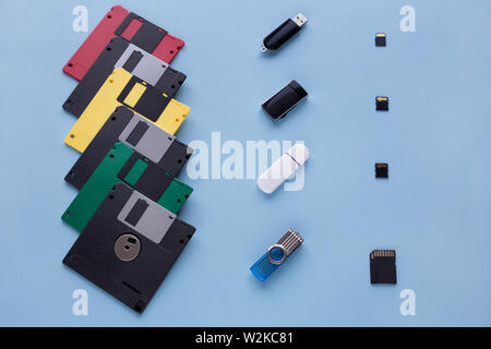 The evolution of digital data storage device. Floppy disks, flash drives and small memory cards. Isolated on a blue background. Stock Photo