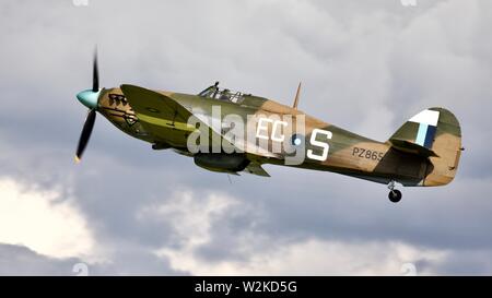 Battle of Britain Memorial Flight Hurricane Mk IIC PZ865 – ‘The Last of the Many’ airborne at the Shuttleworth Military Airshow on the 7th July 2019 Stock Photo