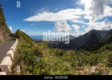 Mountain serpentine. Narrow winding road. The path from Taganana village to Santa Cruz de Tenerife. Stunning view from above. Fish eye lens shot. Tene Stock Photo