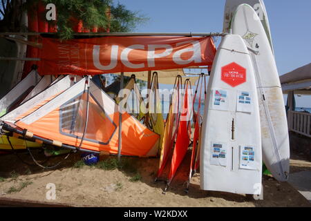 Windsurfing boards, Almyrida, Crete, Greece, Europe Stock Photo