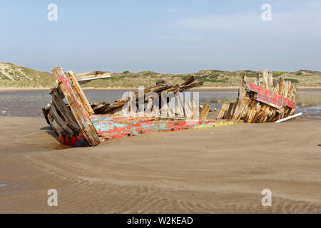 Old Fishing Boat Wreck, Crow Point, Braunton, North Devon, UK Stock Photo