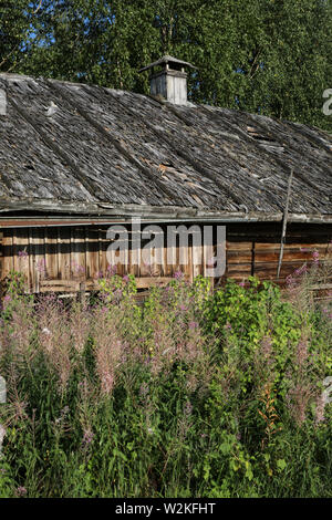 Old weathered log barn with wood shingle roof in disrepair at abandoned farmstead in Ylöjärvi, Finland Stock Photo