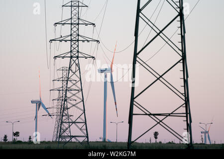 High voltage power lines and wind farm in Kobylnica, Poland. June 17th 2019 © Wojciech Strozyk / Alamy Stock Photo Stock Photo