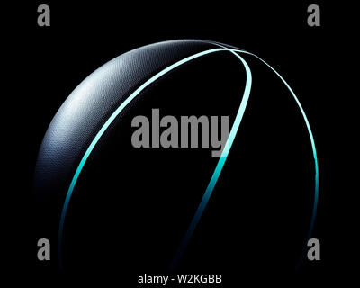 3D rendering of futuristic sport concept basketball with glowing blue lines on black background Stock Photo