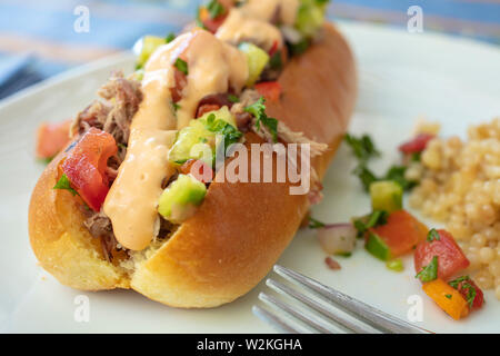 Hot dog and pulled pork on a bun topped with Israeli salad and dressing with couscous on the side Stock Photo