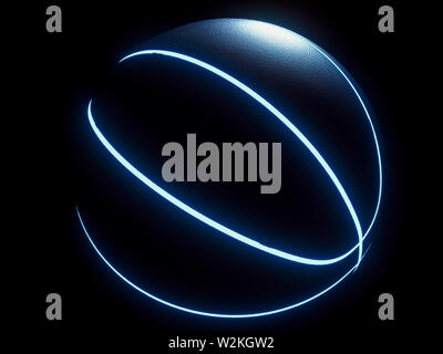 3D rendering of futuristic sport concept basketball, lit with blue lines on black background Stock Photo