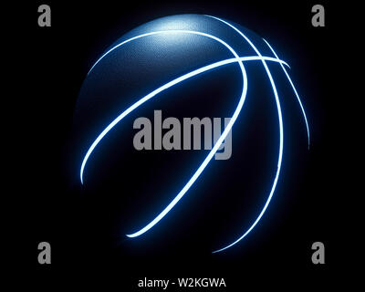 3D rendering of futuristic sport concept basketball with glowing blue lines on black background Stock Photo