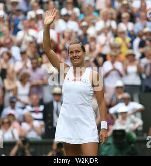 London, UK. 9th July, 2019. Barbora Strycova (CZE) celebrates after winning her match against Johanna Konta (GBR) in their Ladies' Singles Quarter-Finals match.Photographer Rob Newell/CameraSport.Wimbledon Lawn Tennis Championships - Day 8 - Tuesday 9th July 2019 - All England Lawn Tennis and Croquet Club - Wimbledon - London - England.World Copyright Ã‚ © 2019 CameraSport. All rights reserved. 43 Linden Ave. Countesthorpe. Leicester. England. LE8 5PG - Tel:  44 (0) 116 277 4147 - admin@camerasport.com - www.camerasport.com Credit: Andrew Patron/ZUMA Wire/Alamy Live News Stock Photo