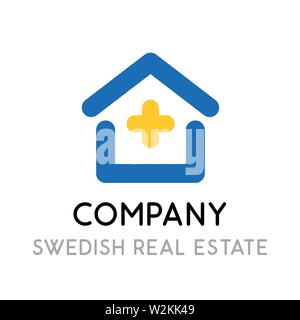Logotype design for a company engaged in real estate in Sweden. Vector icon with house in colors of Swedish flag. Stock Vector