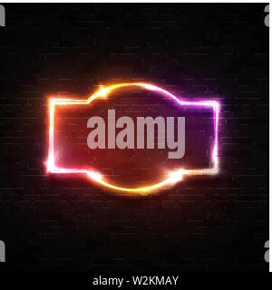 Colorful neon banner on black brick wall background. Glowing laser frame with light flash sparkle star. Realistic night signboard for club bar casino Stock Vector