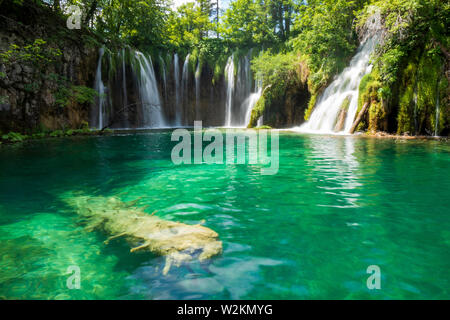 Pure fresh water rushing into an azure coloured lake at the Plitvice Lakes National Park, Plitvička Jezera, Croatia Stock Photo