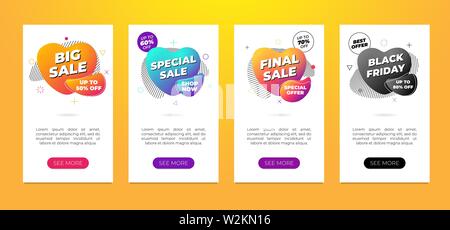 Sale banner design template set. Dynamic modern gradient fluid flyer on white background. Big special final black friday discount retail offer liquid shape poster. Vector marketing promo illustration Stock Vector