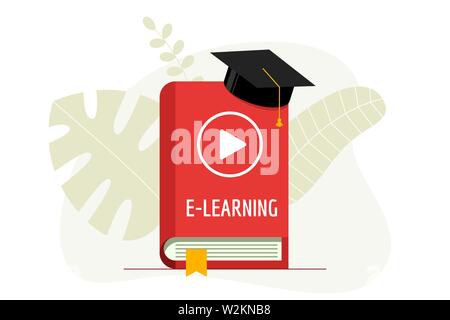 E-learning with play video icon on red cover book and graduation cap. Academy hat on online education studying and internet teaching homework webinar concept. Vector flat illustration Stock Vector