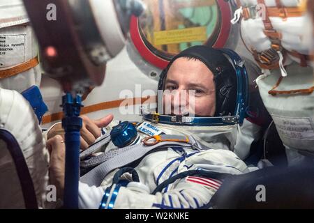 International Space Station Expedition 60 prime crew member Drew Morgan of NASA runs through procedures aboard his the Soyuz spacecraft at the Baikonur Cosmodrome July 5, 2019 in Baikonur, Kazakhstan. Morgan, Skvotsov and Parmitano are expected to launch July 20th on the Soyuz MS-13 spacecraft to the International Space Station. Stock Photo