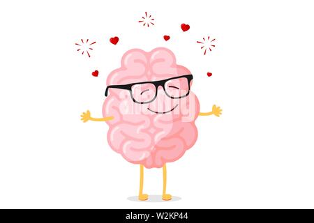 Cartoon smart happy brain character in glasses fall in love. Central nervous system organ romantic mascot funny flat vector illustration Stock Vector