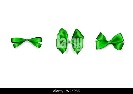 Holiday carnival green satin gift bow knot ribbon. Birthday realistic design isolated vector. Silk shiny textile sale tape. Stock Vector