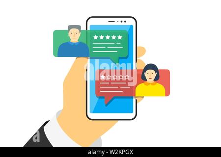 Hand holding smartphone with feedback app bubble speeches and avatars on screen. Review five stars rating with good and bad rate. Vector quaity illustration Stock Vector