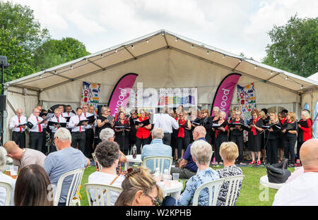 Crowd of seated people watching a choir perform at the main marquee at Stockton Heath Festival 2019 Stock Photo