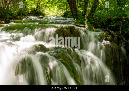 Rushing water cascades down the overgrown natural barriers deep in the dense forest of the Plitvice Lakes National Park, Croatia Stock Photo