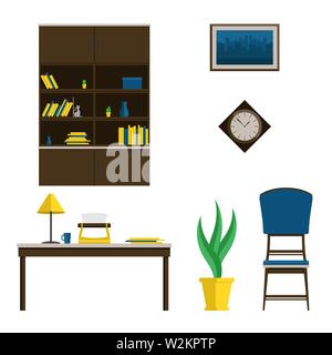 A set of furniture for the cabinet in the style of the mid-century. Vector flat illustration. The interior of the room Stock Vector