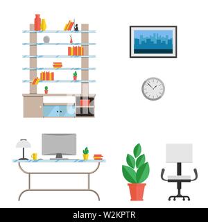 A set of furniture for the cabinet in a modern high-tech style. Vector flat illustration. The interior of the room Stock Vector