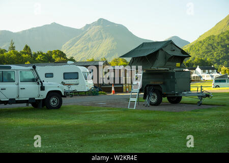 Unusual mode of camping high off the ground camping trailer,Highland,Scotland,UK. Stock Photo