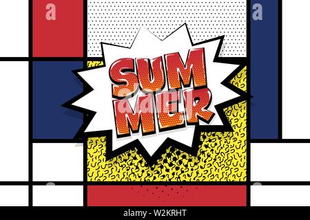 Summer comic text speech bubble pop art. Comics book halftone geometric background. Vector dialogue box balloon. Stock Vector