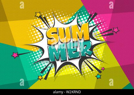 Summer comic text speech bubble pop art. Comics book halftone geometric background. Vector dialogue box balloon. Stock Vector