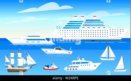 Sea ships background. Set of sailboats and boats sailing on blue water. Transport sailors for world travel. Summer poster or banner for a web site Stock Vector