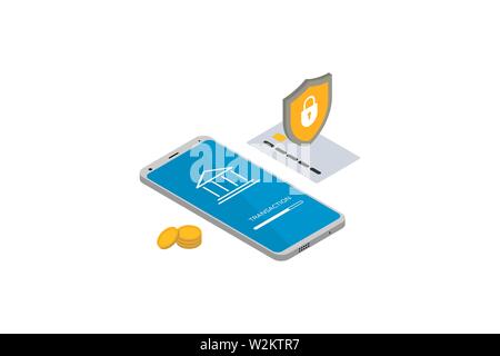 Online mobile bank. Isometric 3d smartphone with bank card and lock shield. Money transfer protection concept. Sending and receiving coins with mobile phones and credit card. Vector flat illustration Stock Vector