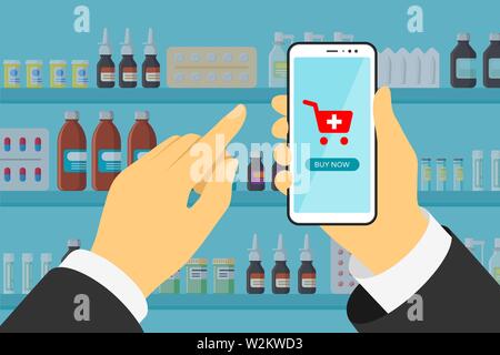 Hand holding smartphone online mobile pharmacy shopping app with button buy now. Medicine pills capsules bottles vitamins and tablets on interior store shelves. Flat drugstore vector eps illustration Stock Vector