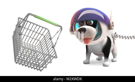 Fun cartoon space dog in spacesuit with floating shopping basket, 3d illustration render Stock Photo