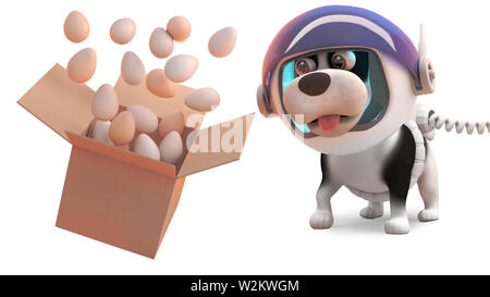 Cute puppy dog in space suit watches eggs float from a box, 3d illustration render Stock Photo