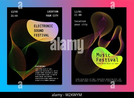 Electronic music festival party poster set with colorful abstract gradient lines and liquid shape. Futuristic electro sound fest club flyer cover design template. Vector DJ advertising illustration Stock Vector