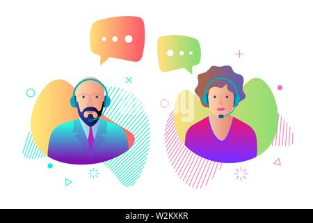 Call center customer online help service icon set. Male and female online assistant working in headphones and speech bubbles. Support character operator gradient vector illustration Stock Vector
