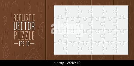 Realistic vector puzzle and wooden background. Stock Vector