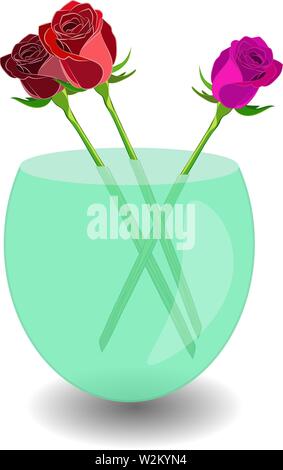 Bouquet of 3 roses in a vase of water. Vector illustration beatiful scarlet, violet and red roses in nice transparent bowl with water Stock Vector