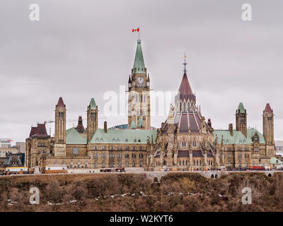 A panoramic view of parliament hill in capital city Ottawa, Ontario, Canada from Gatineau, Quebec, Canada