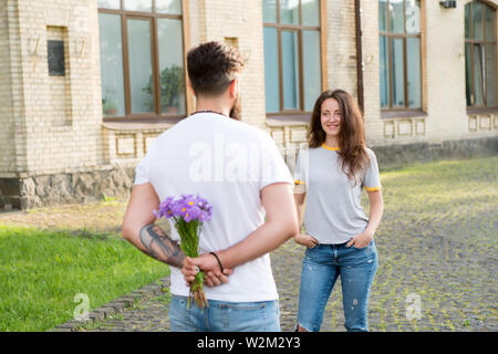 Man Takes Care About Girlfriend Happiness Couple Meet For Date Selective Focus Couple In Love Gift For Her Be My Valentine Love And Romance Gift Concept Couple Date With Bouquet Flowers Gift