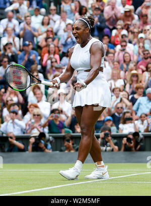 London, Britain. 9th July, 2019. Serena Williams of the United States celebrates after the women's singles quarterfinal match with her compatriot Alison Riske at the 2019 Wimbledon Tennis Championships in London, Britain, on July 9, 2019. Credit: Han Yan/Xinhua/Alamy Live News Stock Photo